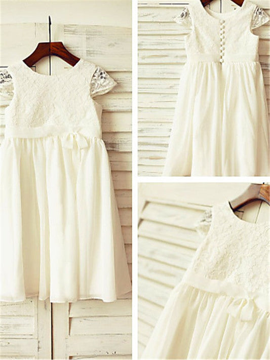 A-line/Princess Scoop Short Sleeves Lace Tea-Length Chiffon Flower Girl Dresses TPP0007809