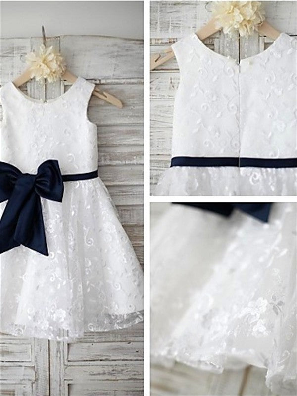 A-line/Princess Scoop Sleeveless Bowknot Tea-Length Lace Flower Girl Dresses TPP0007816