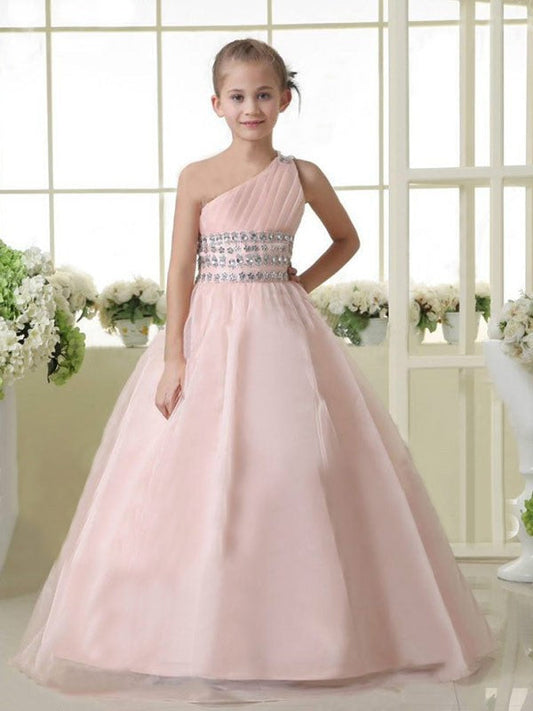 A-line/Princess One-shoulder Sleeveless Beading Long Organza Flower Girl Dresses TPP0007661