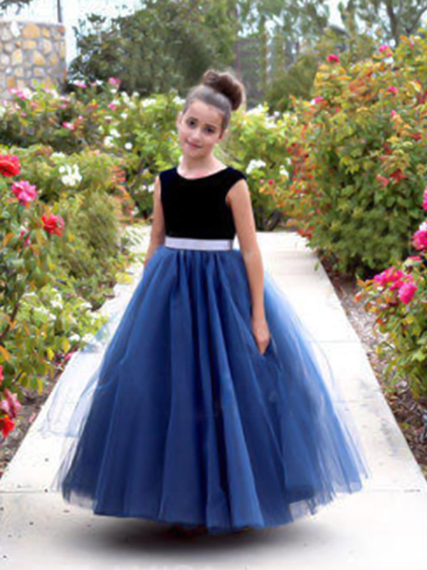 A-Line/Princess Sleeveless Scoop Ankle-Length Sash/Ribbon/Belt Tulle Flower Girl Dresses TPP0007822