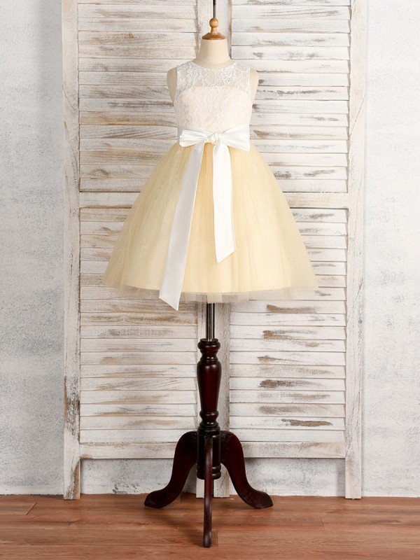 A-Line/Princess Tulle Sash/Ribbon/Belt Scoop Sleeveless Tea-Length Flower Girl Dresses TPP0007527