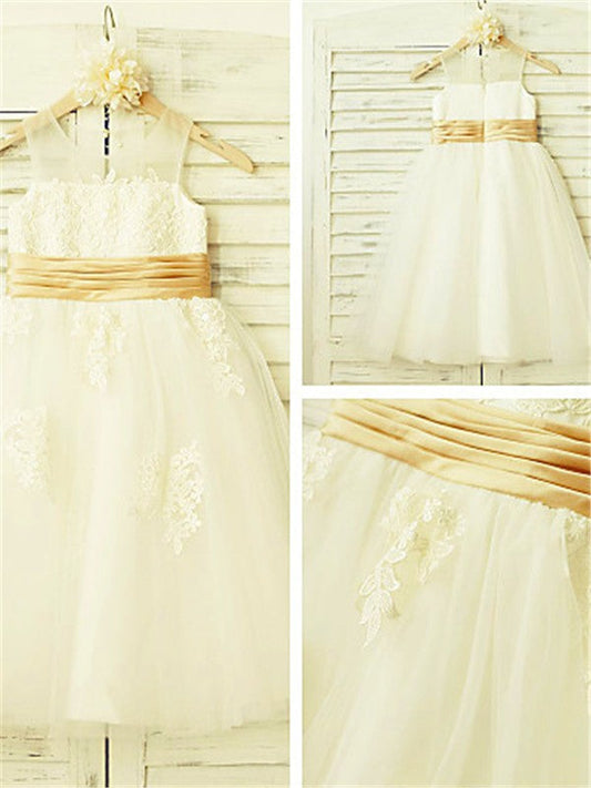 A-line/Princess Sleeveless Scoop Lace Tea-Length Tulle Flower Girl Dresses TPP0007784