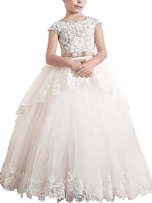 Ball Gown Sleeveless Scoop Lace Floor-Length Tulle Flower Girl Dresses TPP0007580