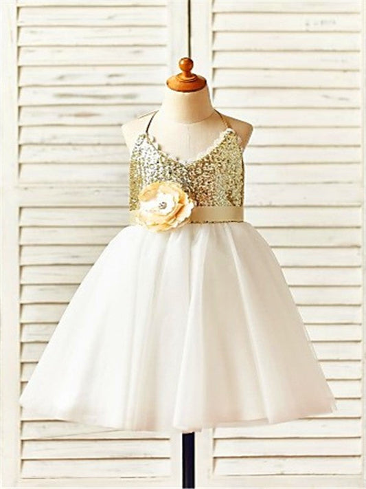 A-line/Princess Halter Sleeveless Tea-Length Sequin Tulle Flower Girl Dresses TPP0007786