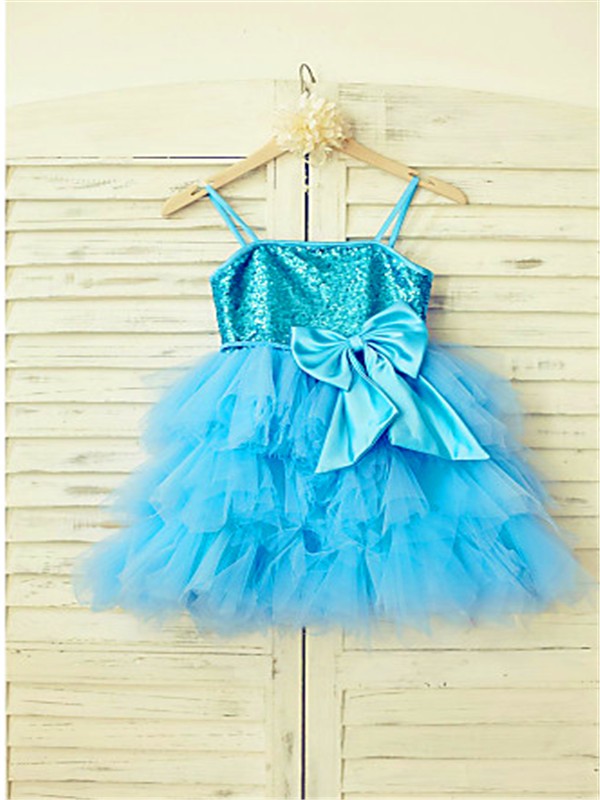 A-line/Princess Spaghetti Straps Sleeveless Sequin Tea-Length Net Flower Girl Dresses TPP0007858