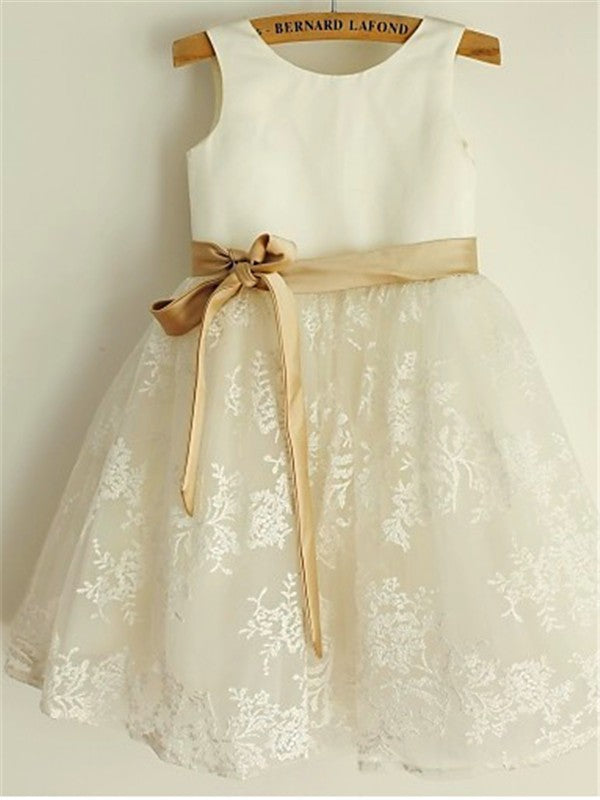 A-line/Princess Scoop Sleeveless Bowknot Tea-Length Lace Flower Girl Dresses TPP0007682