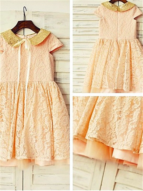 A-line/Princess Short Sleeves Scoop Sequin Tea-Length Lace Flower Girl Dresses TPP0007930