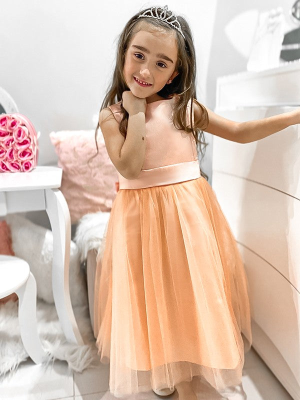 A-Line/Princess Tulle Bowknot Scoop Sleeveless Tea-Length Flower Girl Dresses TPP0007500