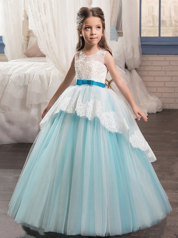 Ball Gown Jewel Sleeveless Sash/Ribbon/Belt Floor-Length Tulle Flower Girl Dresses TPP0007648