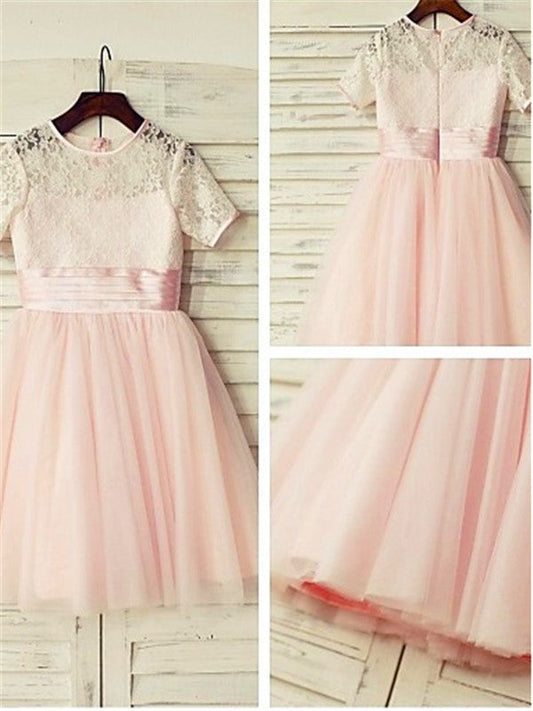 A-line/Princess Jewel Short Sleeves Lace Tea-Length Tulle Flower Girl Dresses TPP0007793