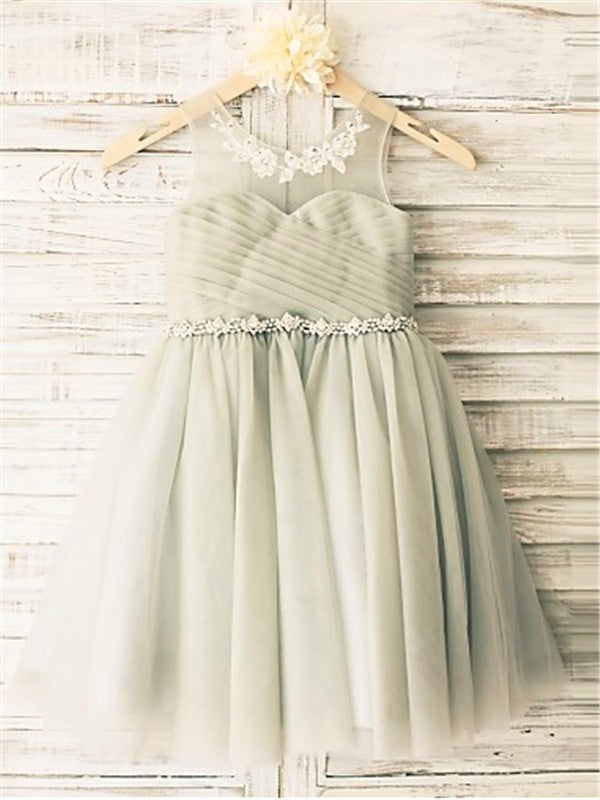 A-line/Princess Scoop Sleeveless Beading Tea-Length Tulle Flower Girl Dresses TPP0007663