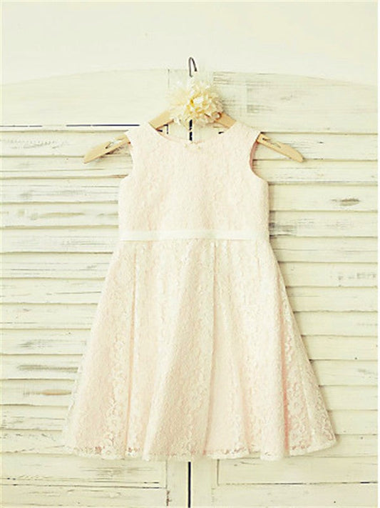 A-line/Princess Jewel Sleeveless Tea-Length Lace Flower Girl Dresses TPP0007910