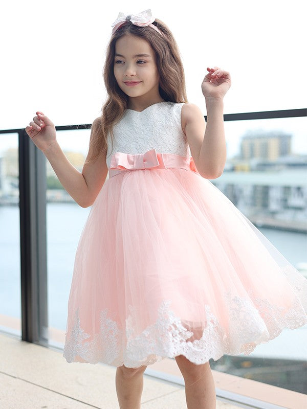 A-Line/Princess Lace Bowknot Scoop Sleeveless Short/Mini Flower Girl Dresses TPP0007459