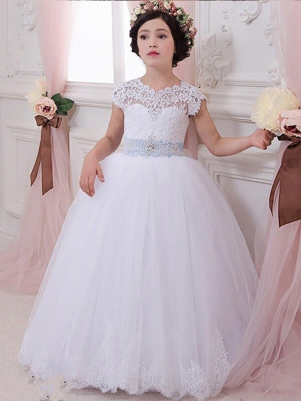 Ball Gown Sleeveless Scoop Sash/Ribbon/Belt Floor-Length Tulle Flower Girl Dresses TPP0007662