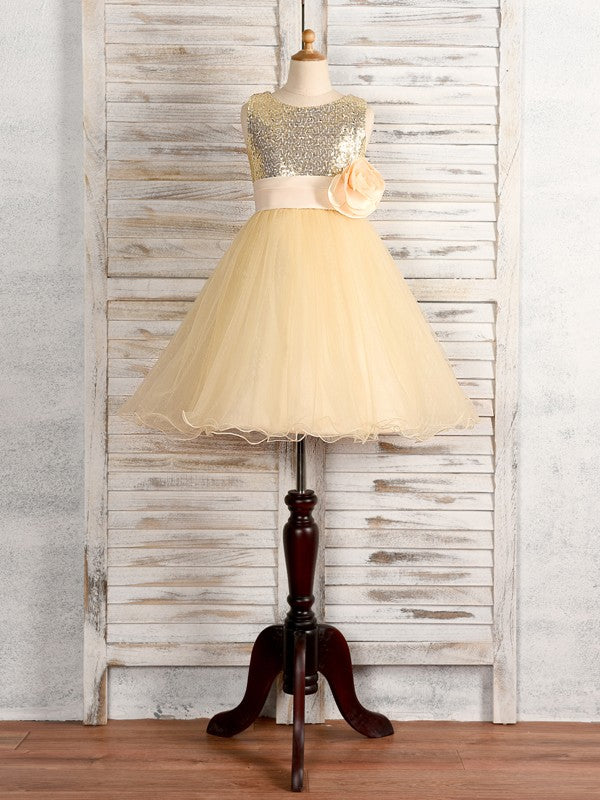 A-Line/Princess Tulle Hand-Made Flower Scoop Sleeveless Tea-Length Flower Girl Dresses TPP0007529