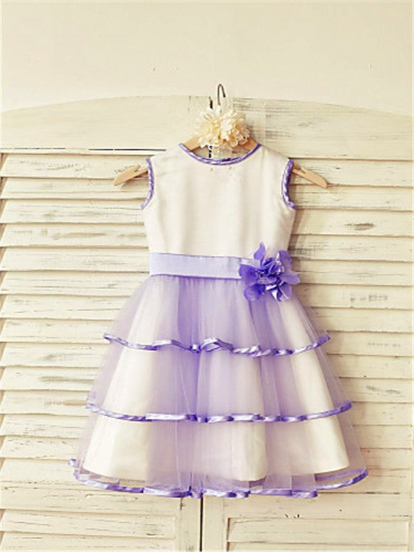 A-line/Princess Scoop Sleeveless Hand-made Flower Tea-Length Tulle Flower Girl Dresses TPP0007780