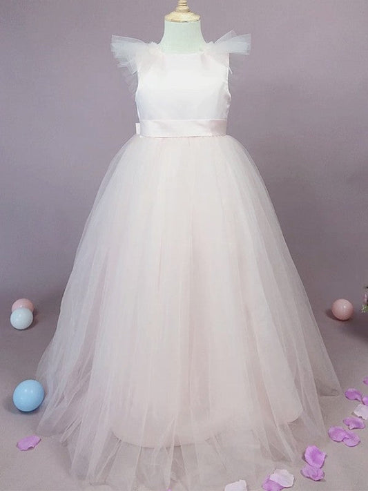 A-Line/Princess Tulle Bowknot Scoop Sleeveless Floor-Length Flower Girl Dresses TPP0007501