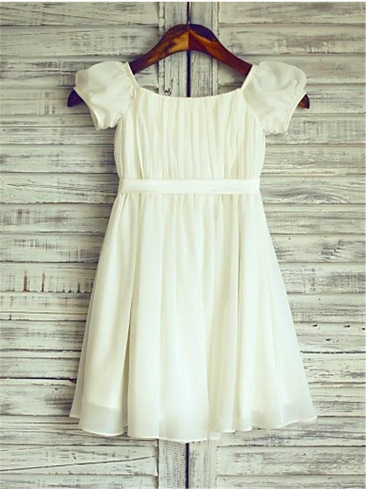 A-line/Princess Square Short Sleeves Ruched Tea-Length Chiffon Flower Girl Dresses TPP0007675