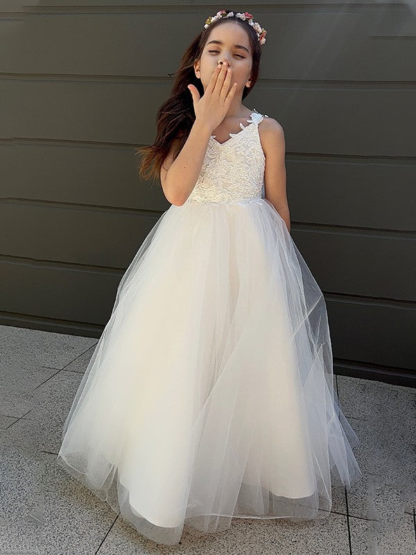 A-Line/Princess Tulle Bowknot Sweetheart Sleeveless Floor-Length Flower Girl Dresses TPP0007458