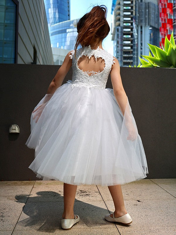 A-Line/Princess Tulle Lace High Neck Sleeveless Knee-Length Flower Girl Dresses TPP0007488