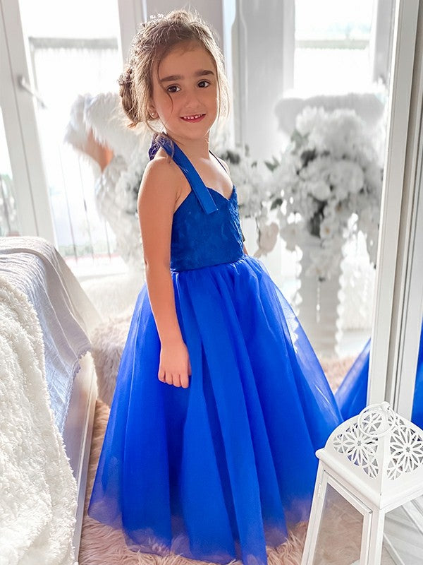 A-Line/Princess Tulle Ruffles Halter Sleeveless Tea-Length Flower Girl Dresses TPP0007464