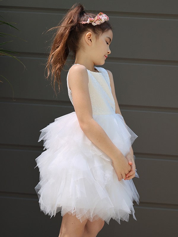 A-Line/Princess Tulle Lace Scoop Sleeveless Short/Mini Flower Girl Dresses TPP0007487