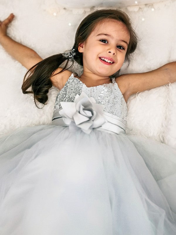 A-Line/Princess Tulle Sequin Spaghetti Straps Sleeveless Tea-Length Flower Girl Dresses TPP0007485