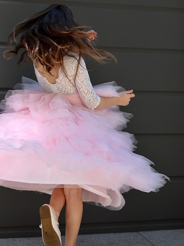 A-Line/Princess Tulle Lace Scoop 3/4 Sleeves Ankle-Length Flower Girl Dresses TPP0007497