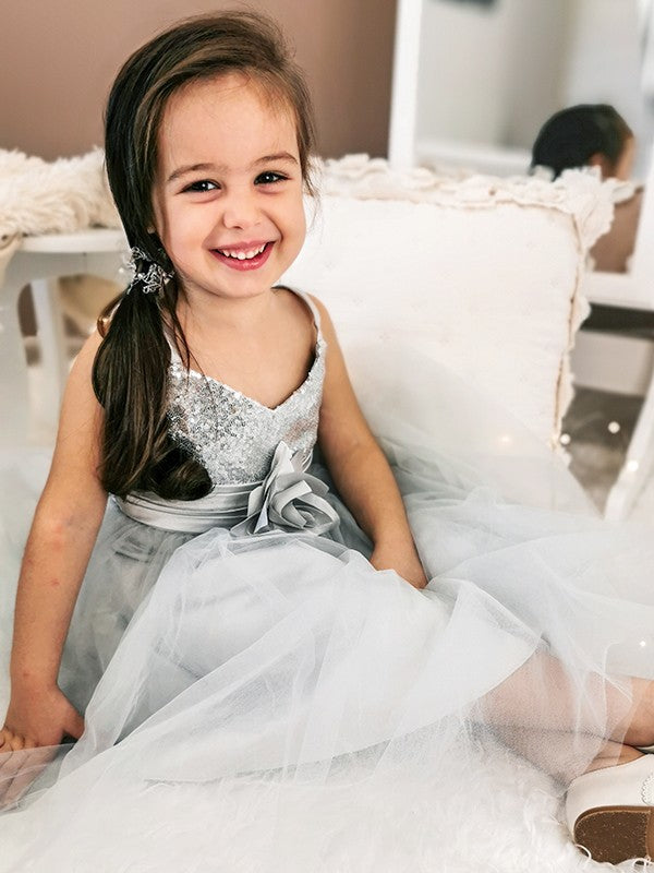 A-Line/Princess Tulle Sequin Spaghetti Straps Sleeveless Tea-Length Flower Girl Dresses TPP0007485