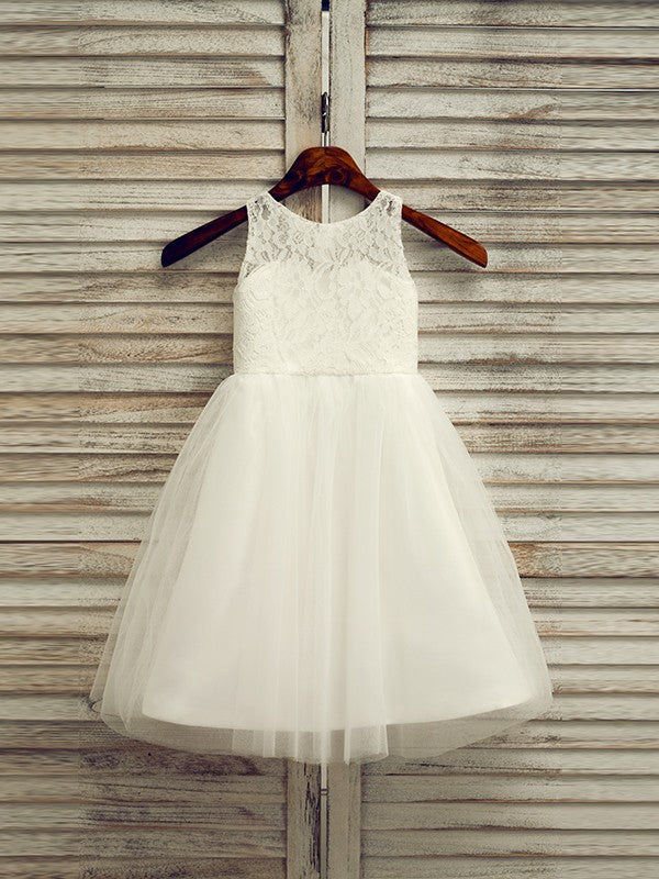 A-Line/Princess Tulle Lace Scoop Sleeveless Tea-Length Flower Girl Dresses TPP0007524