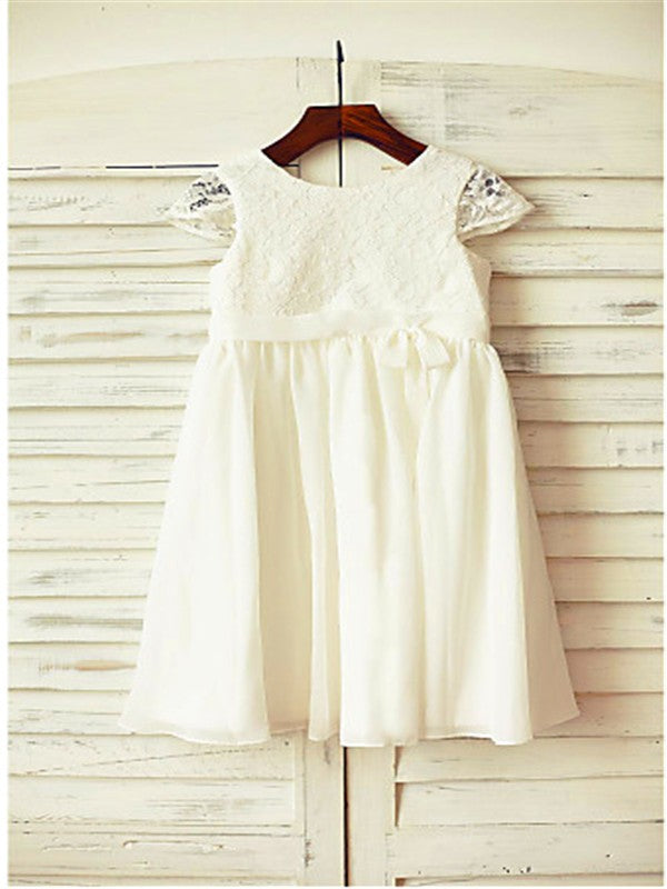 A-line/Princess Scoop Short Sleeves Lace Tea-Length Chiffon Flower Girl Dresses TPP0007809