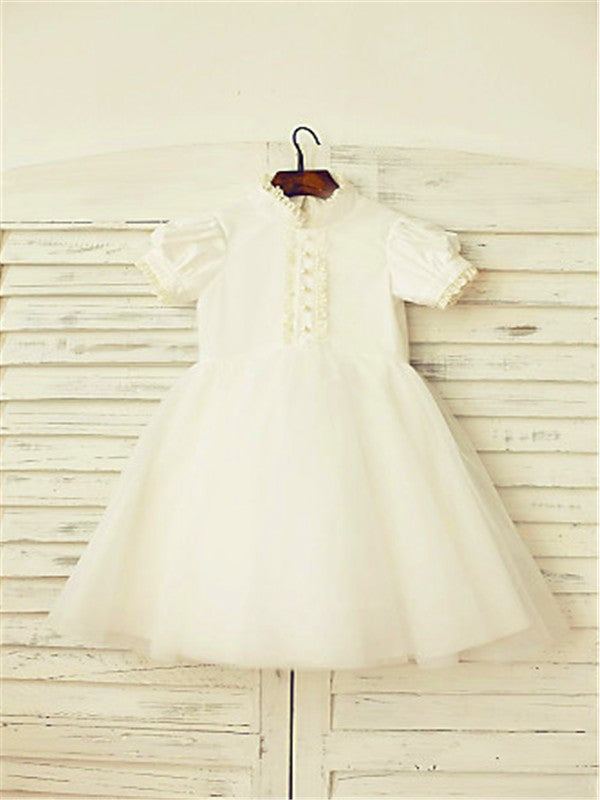 A-line/Princess High Neck Short Sleeves Lace Tea-Length Tulle Flower Girl Dresses TPP0007902