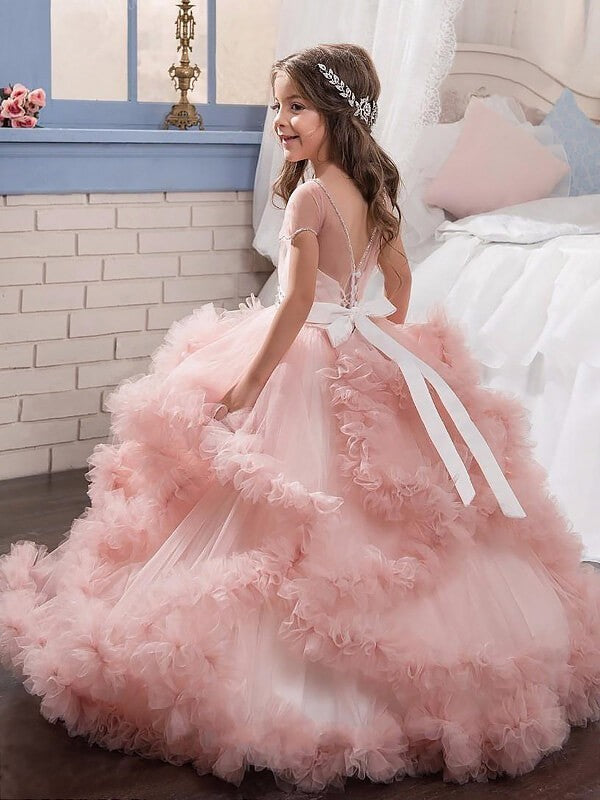 Ball Gown Jewel Short Sleeves Crystal Floor-Length Tulle Flower Girl Dresses TPP0007491