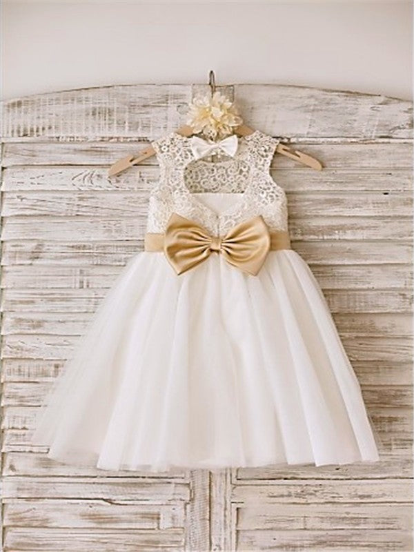 A-line/Princess Sleeveless Bowknot Scoop Knee-Length Tulle Flower Girl Dresses TPP0007541