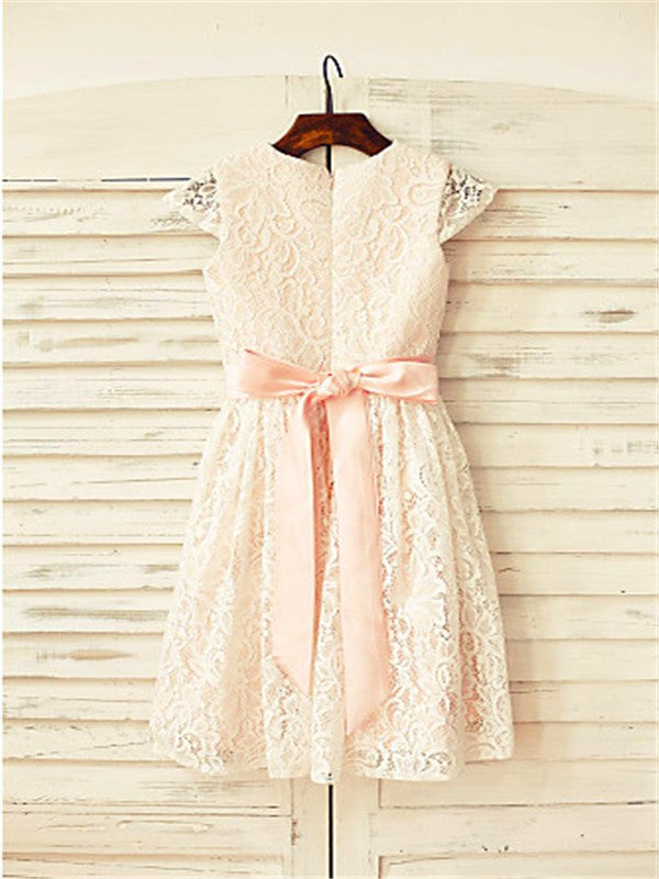 A-line/Princess Scoop Hand-made Flower Short Sleeves Tea-Length Lace Flower Girl Dresses TPP0007819