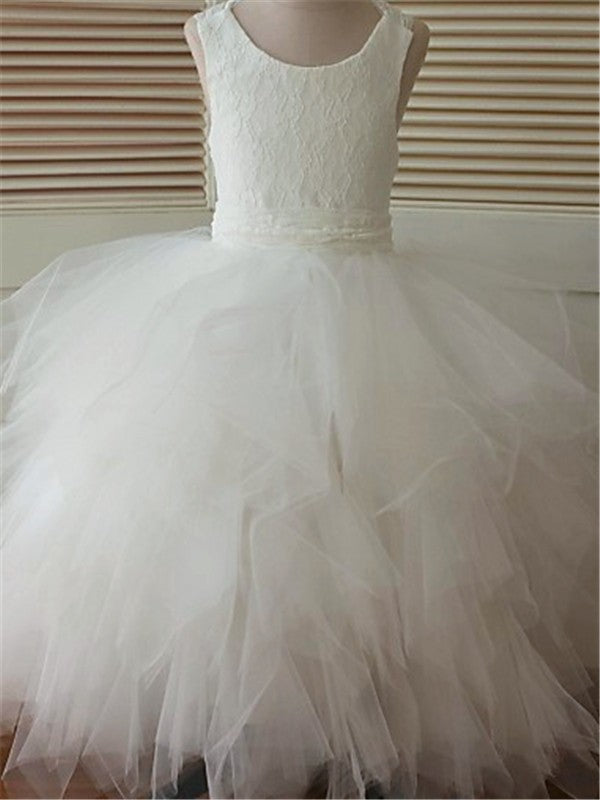 Ball Gown Scoop Sleeveless Lace Ankle-Length Tulle Flower Girl Dresses TPP0007484