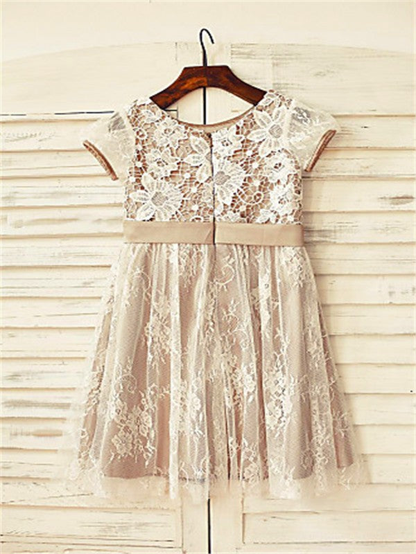 A-line/Princess Scoop Short Sleeves Hand-made Flower Tea-Length Lace Flower Girl Dresses TPP0007728