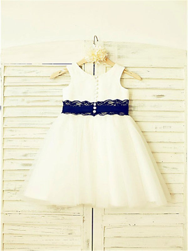 A-line/Princess Scoop Sleeveless Lace Tea-Length Tulle Flower Girl Dresses TPP0007827