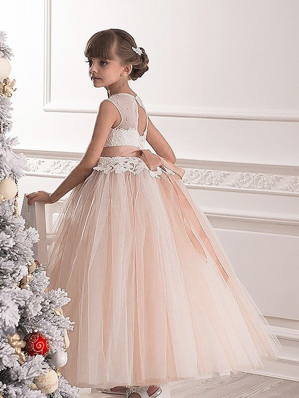 Ball Gown Scoop Sleeveless Sash/Ribbon/Belt Tulle Floor-Length Flower Girl Dresses TPP0007744