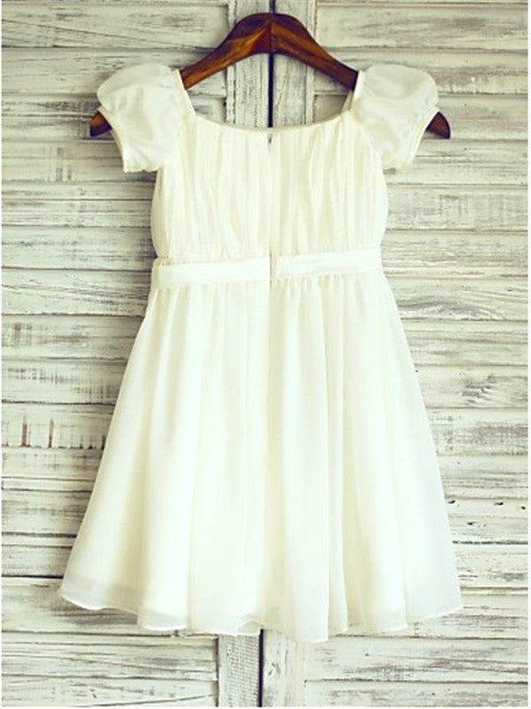 A-line/Princess Square Short Sleeves Ruched Tea-Length Chiffon Flower Girl Dresses TPP0007675