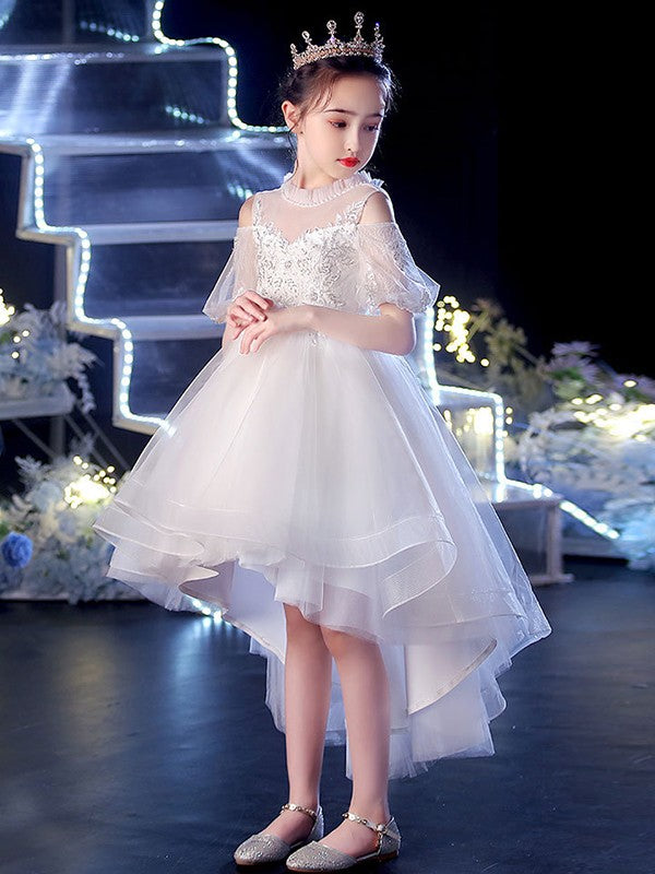 A-Line/Princess Tulle Applique Scoop Short Sleeves Asymmetrical Flower Girl Dresses TPP0007509