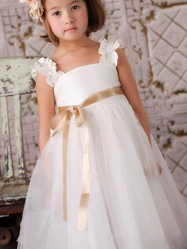 A-Line/Princess Sash/Ribbon/Belt Straps Sleeveless Tulle Ankle-Length Flower Girl Dresses TPP0007818