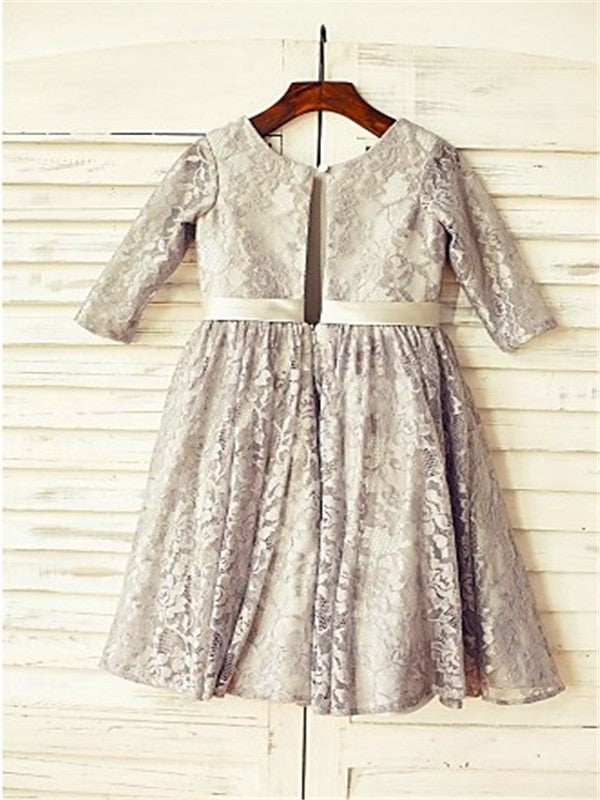 A-line/Princess Scoop 3/4 Sleeves Tea-Length Lace Flower Girl Dresses TPP0007888