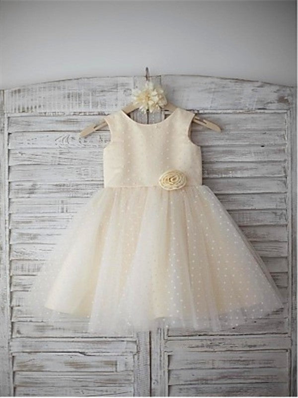 A-line/Princess Scoop Sleeveless Hand-made Flower Tea-Length Tulle Flower Girl Dresses TPP0007659