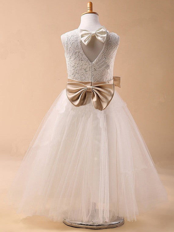 Ball Gown Jewel Sleeveless Bowknot Long Tulle Dresses TPP0007543