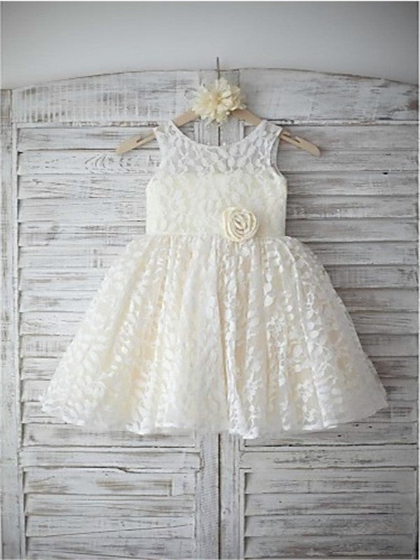 A-line/Princess Sleeveless Scoop Hand-made Flower Tea-Length Lace Flower Girl Dresses TPP0007792