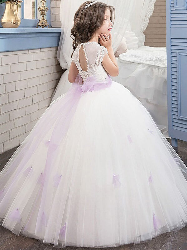 Ball Gown Jewel Short Sleeves Sash/Ribbon/Belt Floor-Length Tulle Flower Girl Dresses TPP0007727