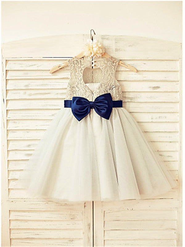 A-line/Princess Scoop Sleeveless Lace Tea-Length Tulle Flower Girl Dresses TPP0007730