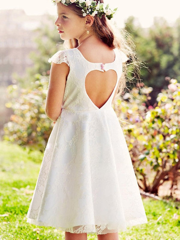 A-Line/Princess Tulle Applique Scoop Short Sleeves Knee-Length Flower Girl Dresses TPP0007932