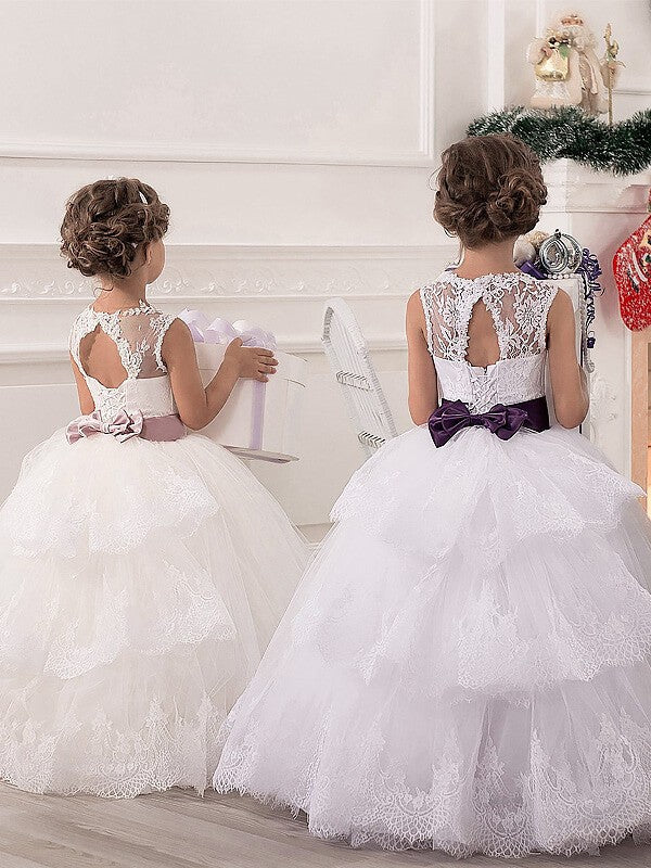 Ball Gown Scoop Sleeveless Lace Floor-Length Tulle Flower Girl Dresses TPP0007581